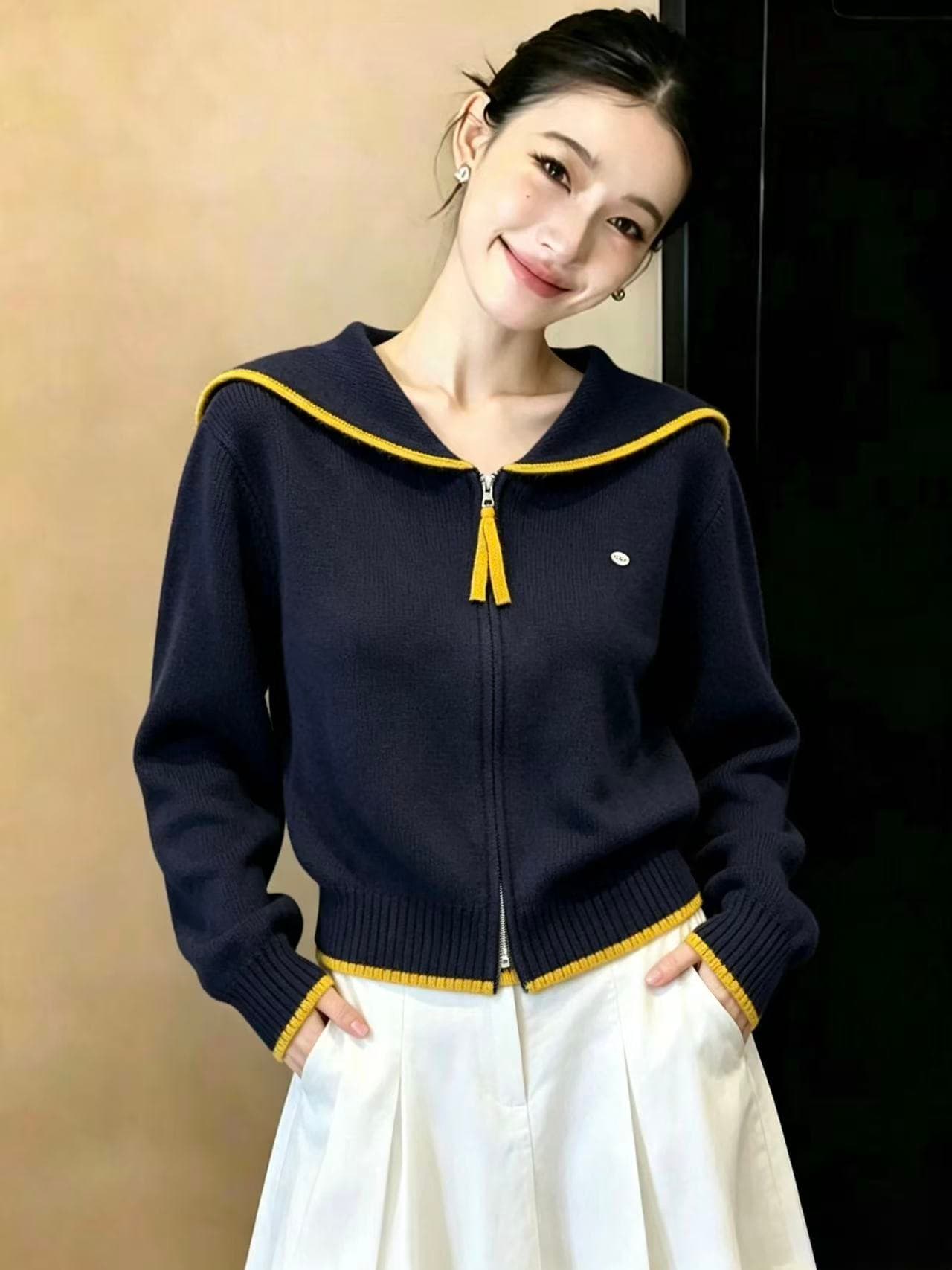 실사 한국 스타일 루즈핏 패션 달콤함 해군 칼라 스웨터 오픈 가디건 다용도 캐주얼 스웨터 코트 맨위 ins 상세 이미지 3