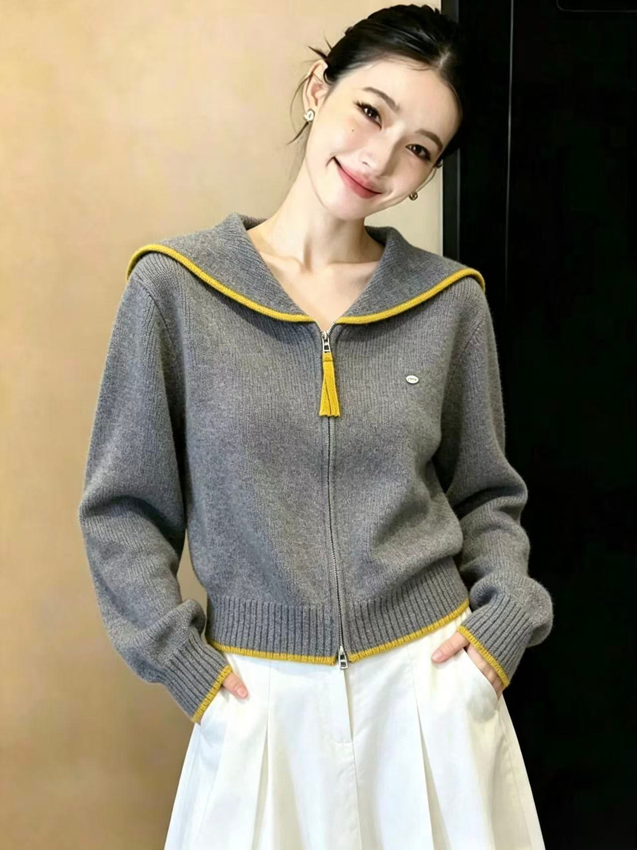 실사 한국 스타일 루즈핏 패션 달콤함 해군 칼라 스웨터 오픈 가디건 다용도 캐주얼 스웨터 코트 맨위 ins 상세 이미지 5