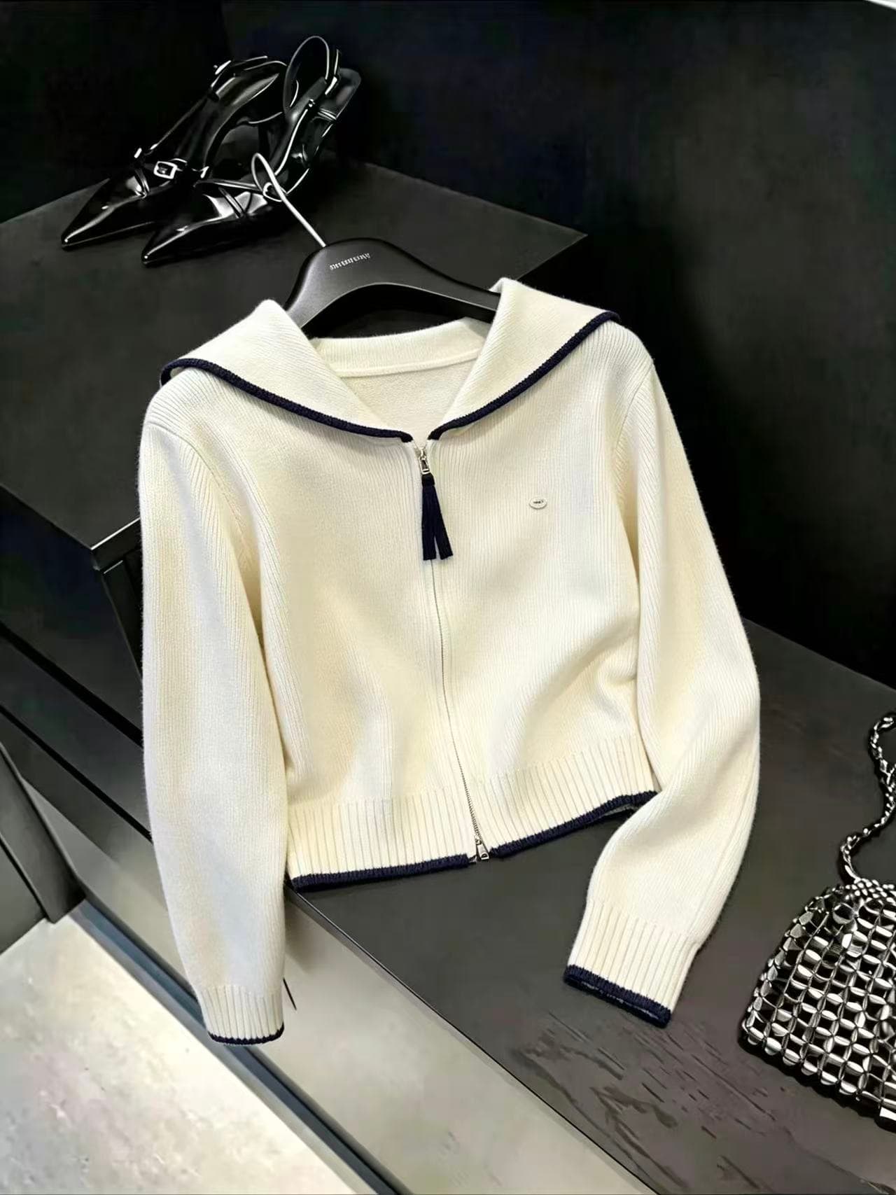 실사 한국 스타일 루즈핏 패션 달콤함 해군 칼라 스웨터 오픈 가디건 다용도 캐주얼 스웨터 코트 맨위 ins 상세 이미지 4