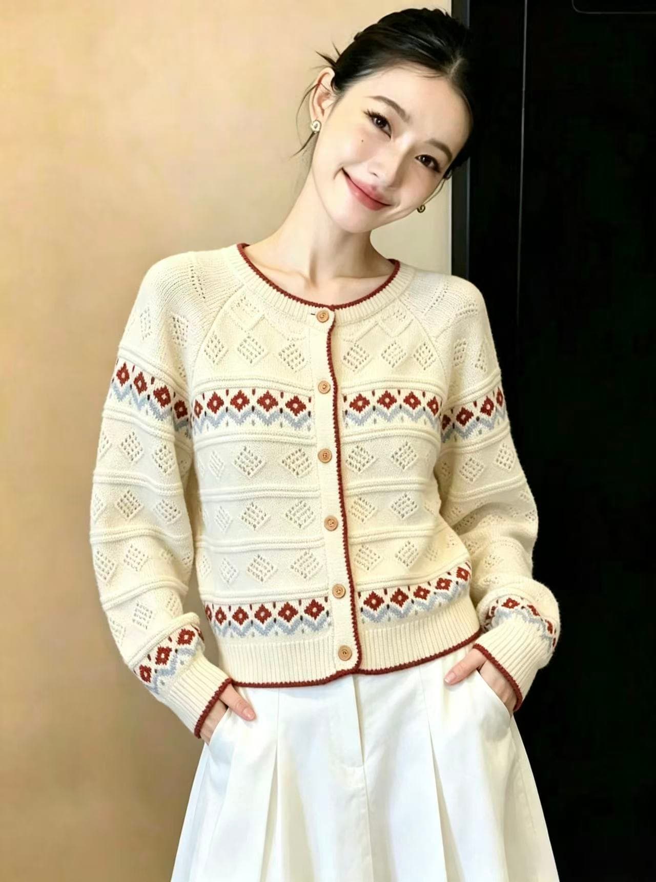 실사 공정한 섬 자카드 라운드 넥 루즈핏 쇼트 스타일 신선함 부드러운 크림 니트 오픈 가디건 스웨터 ins 상세 이미지 5