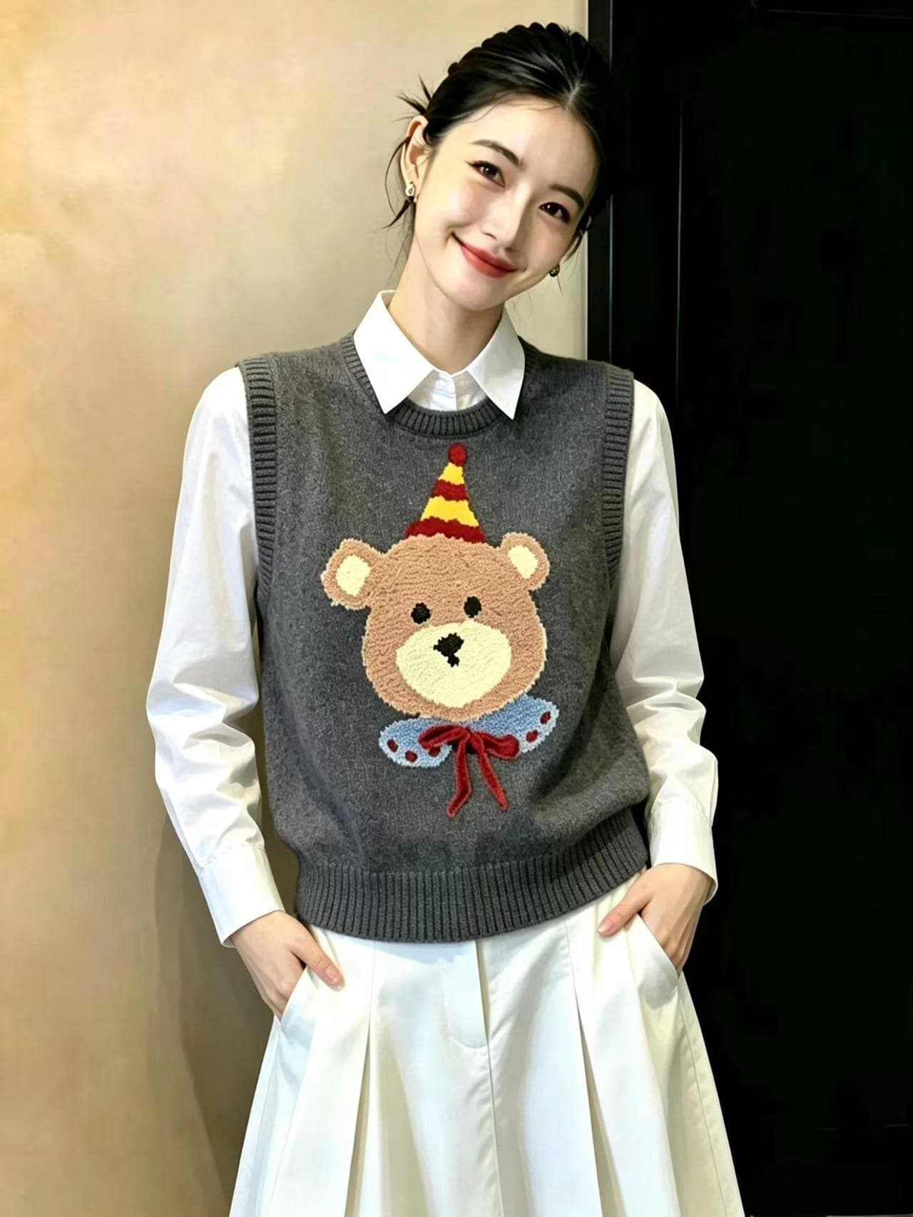 실사 귀여운 작은 곰 스웨터 조끼 조끼 여자 가을 겨울철 달콤함 레트로 민소매 풀오버 맨위 ins 이미지 3