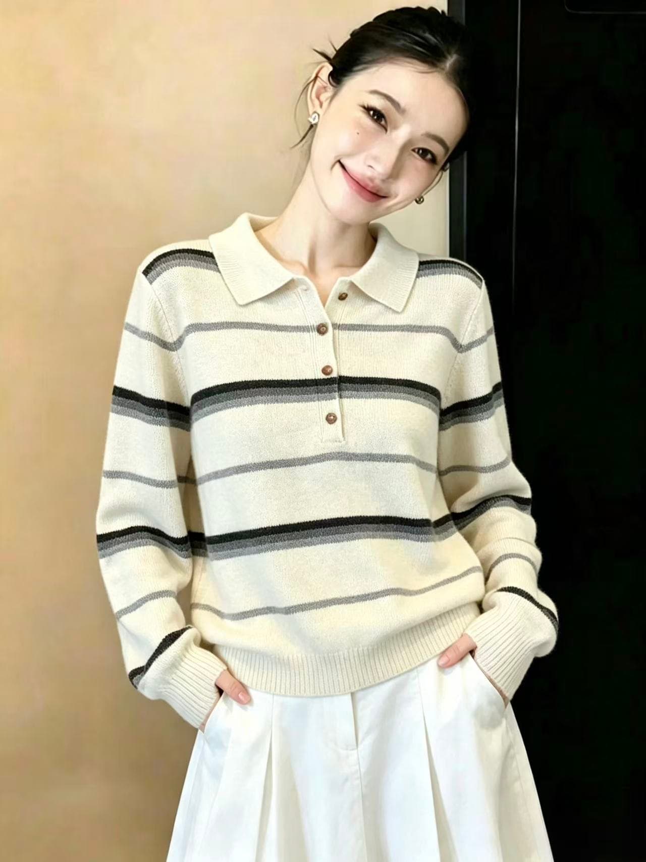 실사 레트로 스트라이프 바람 폴로 칼라 네 버클 풀오버 다용도 셔츠 여성 배색 캐주얼 느긋한 바람 니트 맨위 가을 상세 이미지 3