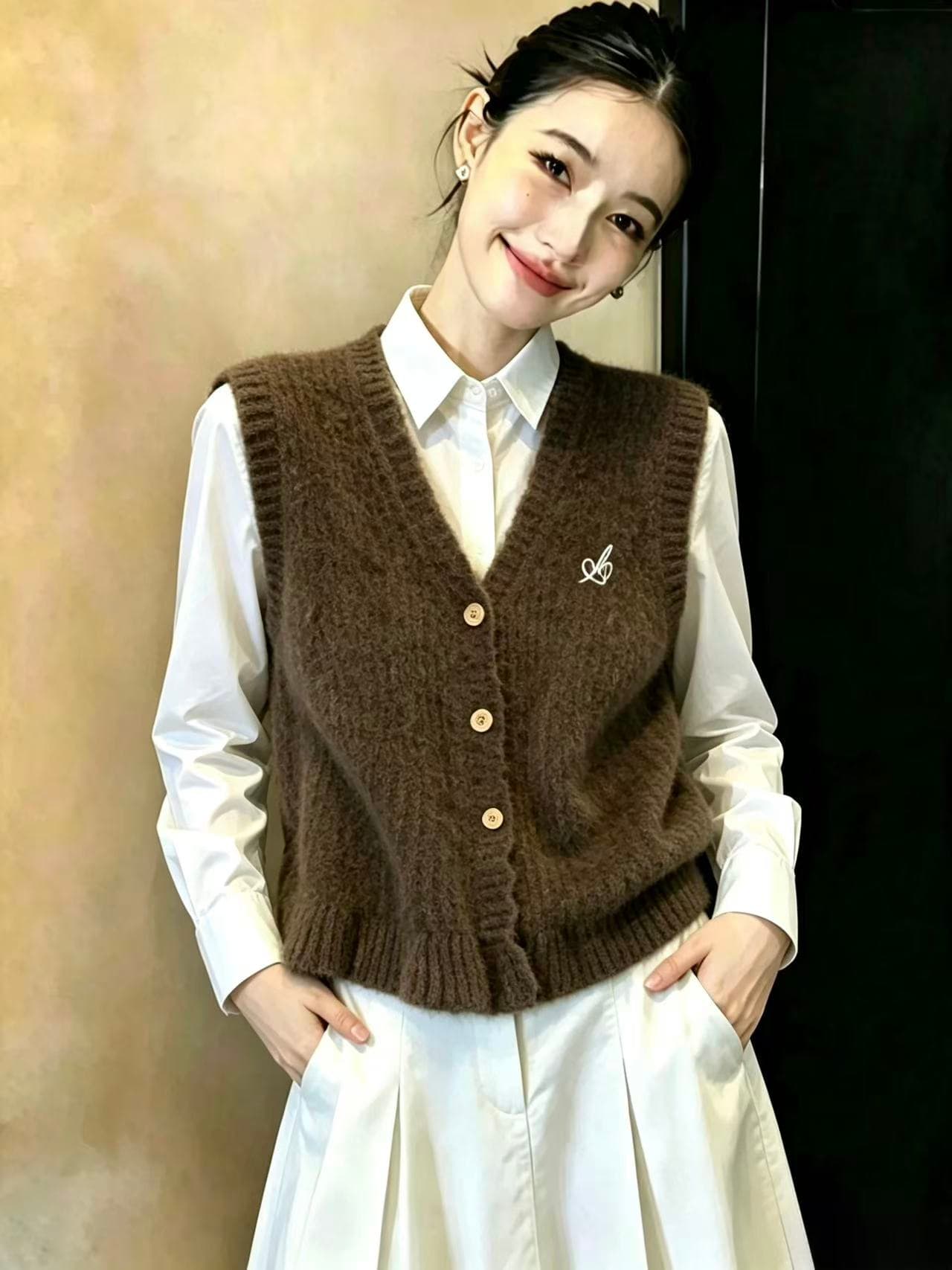 실사 선전 남쪽 기름 높음 물품 폭발 한 부서 세련된 외국 가스 폴로 칼라 니트 조끼 여자 가을 스택 착용 작은 키 상세 이미지 5
