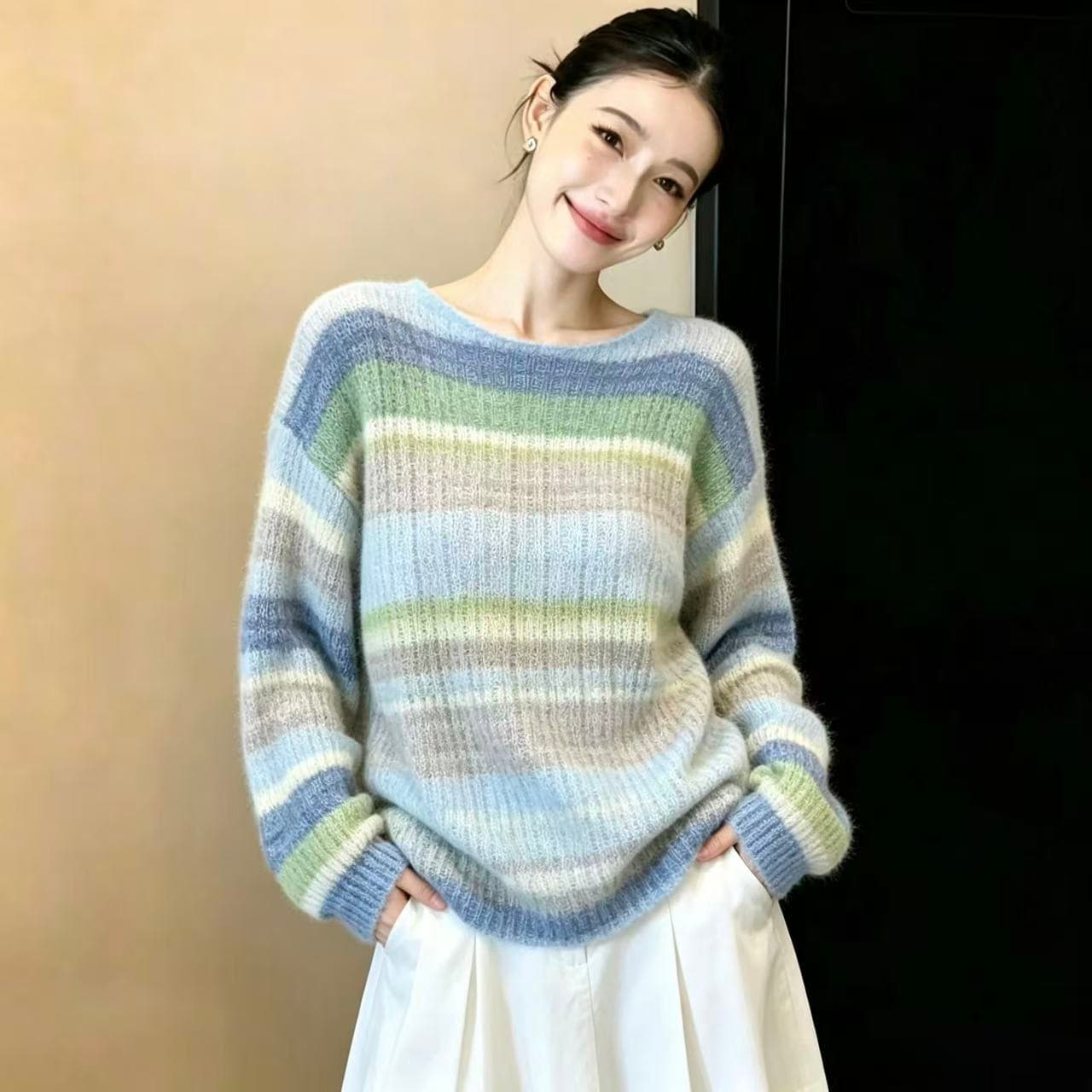 실사 그라데이션 색상 스트라이프 홀치기 염색 모헤어 스웨터 여자 가을 겨울 느긋한 바람 부드러운 찹쌀 니트 스웨터 분위기 센스 맨위 이미지 5
