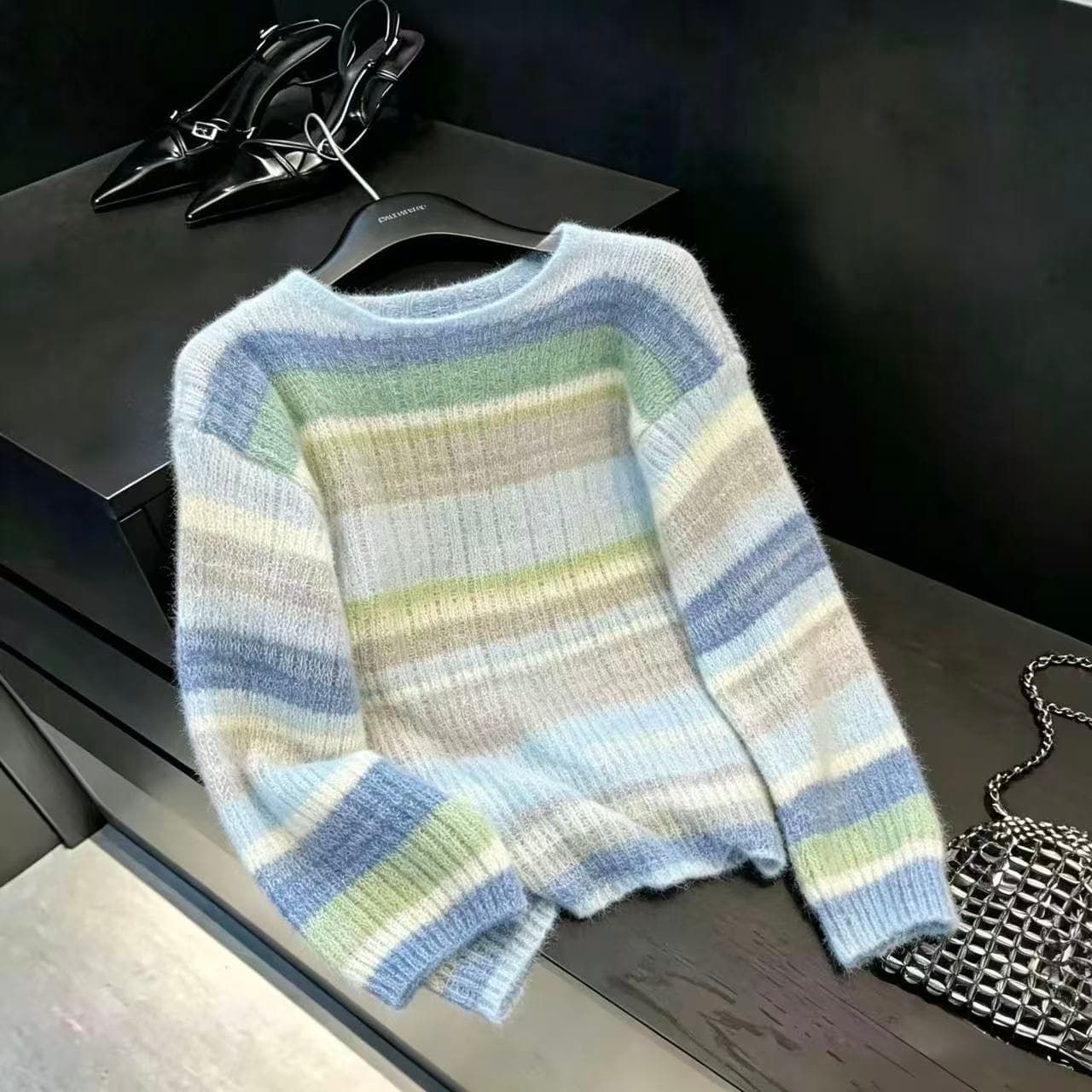 실사 그라데이션 색상 스트라이프 홀치기 염색 모헤어 스웨터 여자 가을 겨울 느긋한 바람 부드러운 찹쌀 니트 스웨터 분위기 센스 맨위 상세 이미지 6