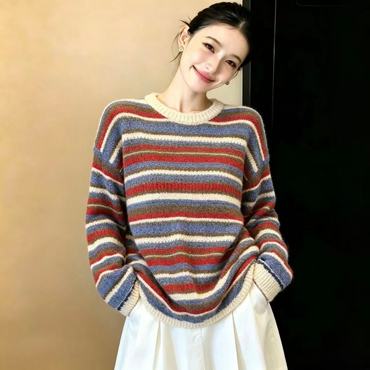 실사 한 부서 자이언트 잘 생긴 고유 한 아름다운 배색 스트라이프 스웨터 여자 가을 루즈핏 느긋한 바람 느슨함 센스 옷 이미지 3