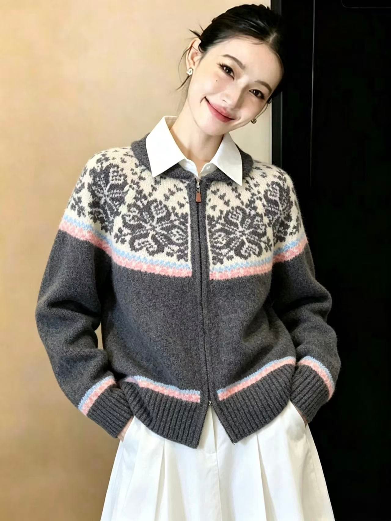 실사 공정한 섬 자카드 폴로 칼라 스웨터 여성 코트 가을 겨울 느긋한 바람 지퍼 니트 오픈 가디건 맨위 상세 이미지 5