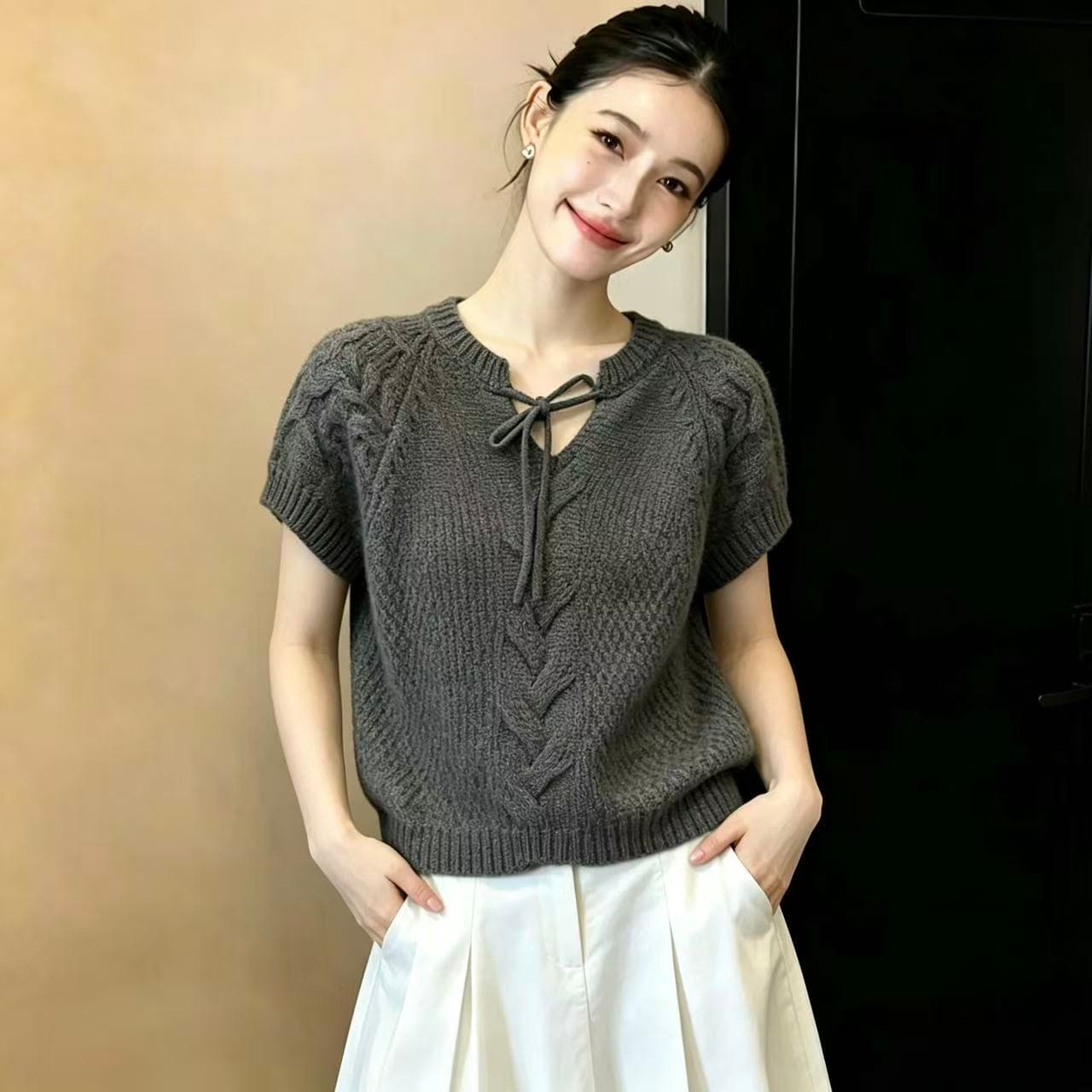 실사 한 부서 미니멀리즘 V넥 통기성 니트 반팔 티셔츠 네클라인 스트랩 품격 맨위 여성 스웨터 ins 상세 이미지 5
