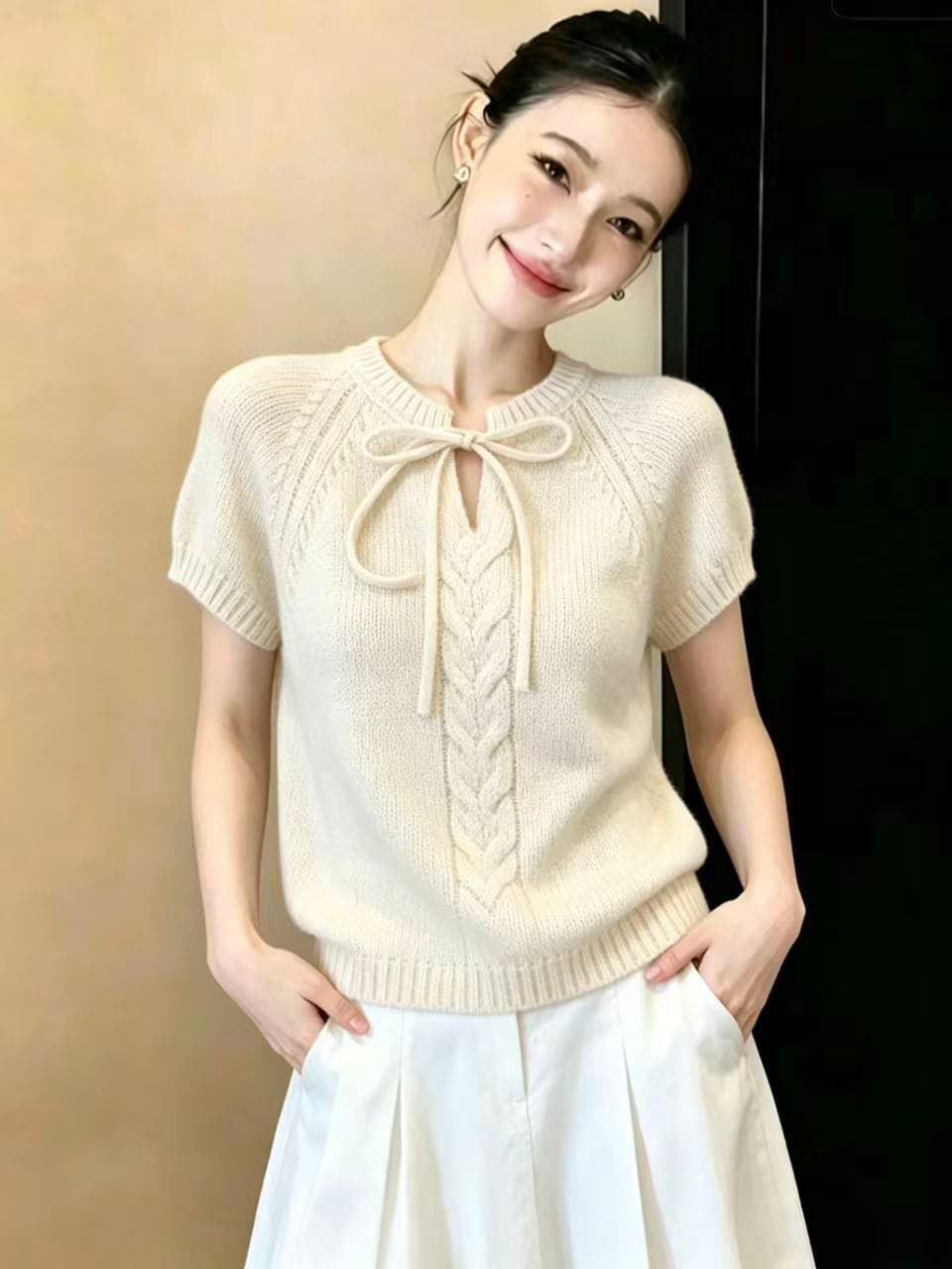 실사 한 부서 미니멀리즘 V넥 통기성 니트 반팔 티셔츠 네클라인 스트랩 품격 맨위 여성 스웨터 ins 상세 이미지 3