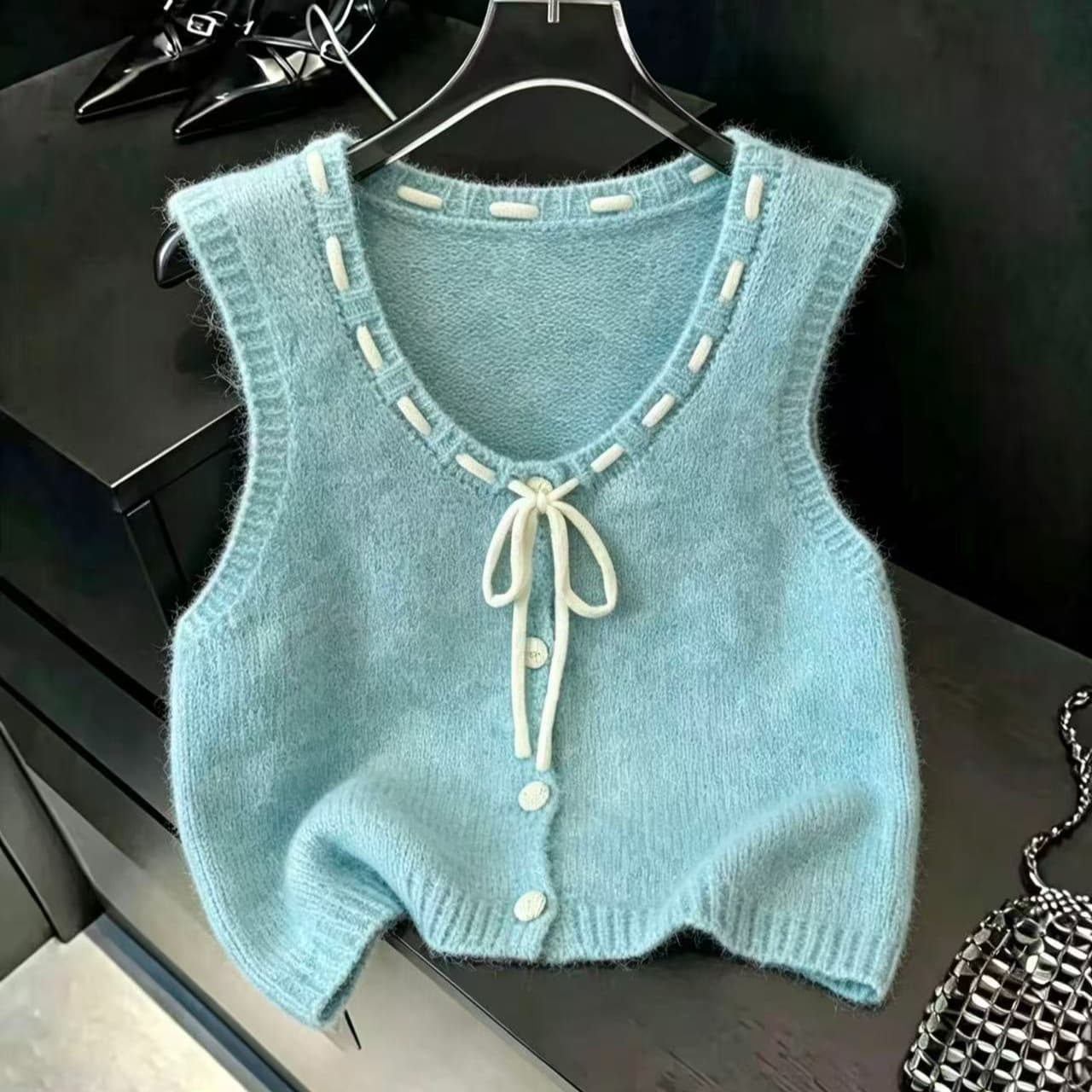 실사 한 부서 달콤함 나비 매듭 니트 베스트 조끼 가을 외부 가져 가라. 스택 착용 디자인 센스 민소매 스웨터 작은 어깨 이미지 6