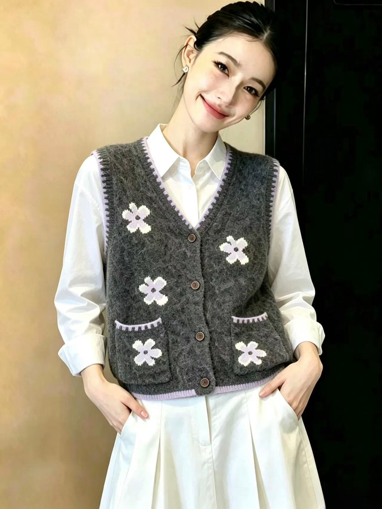 실사 빅 사이즈 지방 mm 레트로 꽃무늬 오픈 가디건 주머니 스웨터 여자 가을 겨울 고급 센스 느긋한 루즈핏 니트 베스트 상세 이미지 3