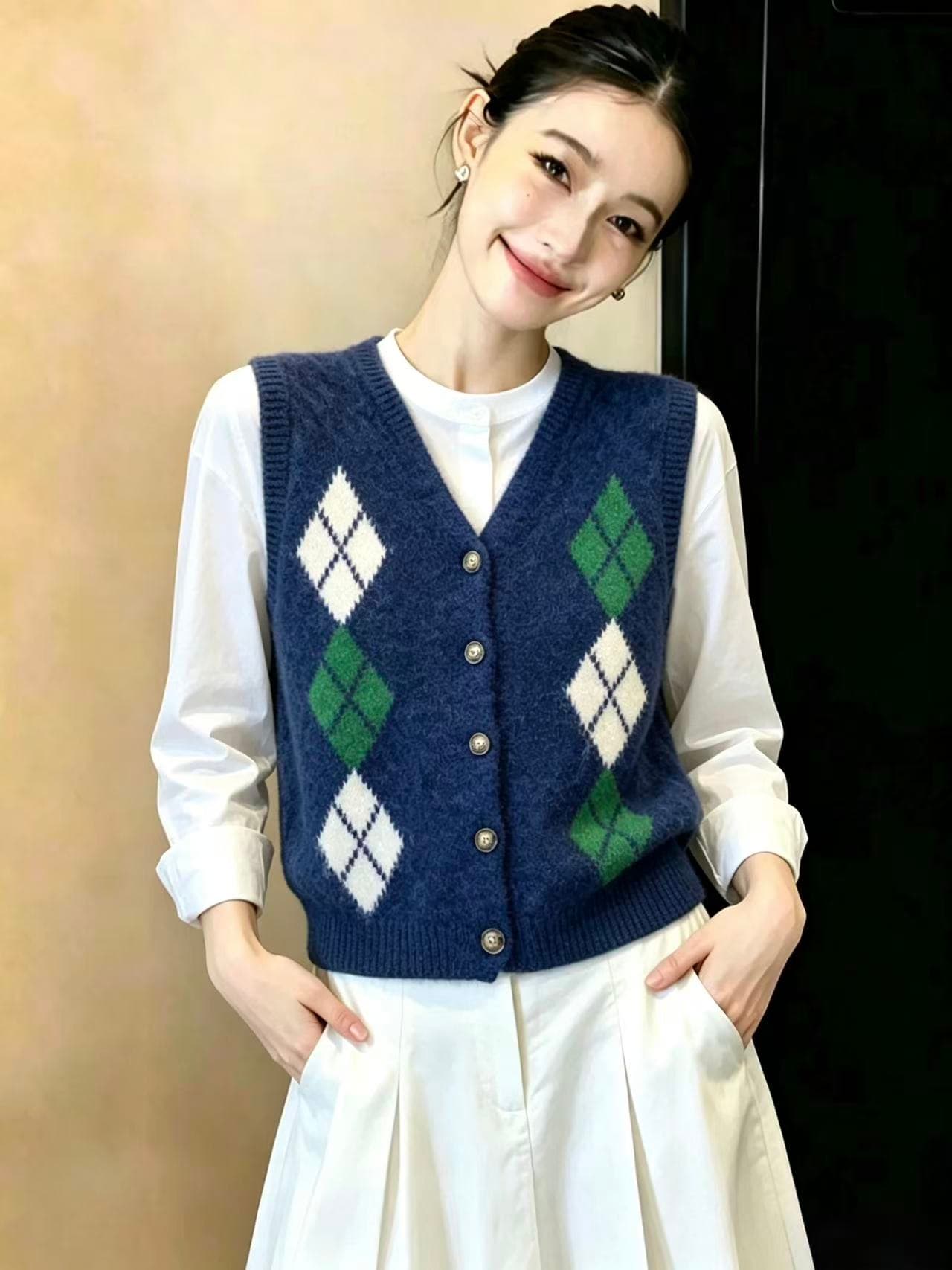 실사 런던 다리 아래 레트로 학원 V넥 다이아몬드 모양 그리드 니트 조끼 여자 가을 겨울 다용도 조끼 chic 이미지 3
