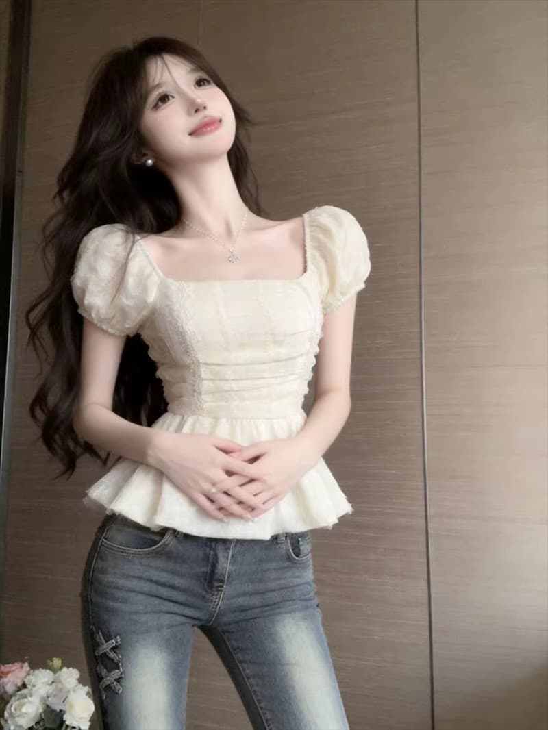 품격 부드러운 바람 광장 칼라 허리 수축 쇼트 스타일 맨위 여성 여름 순수한 욕망 섹시함 이슬 쇄골 거품 소매 레이스 작은 셔츠 상세 이미지 21