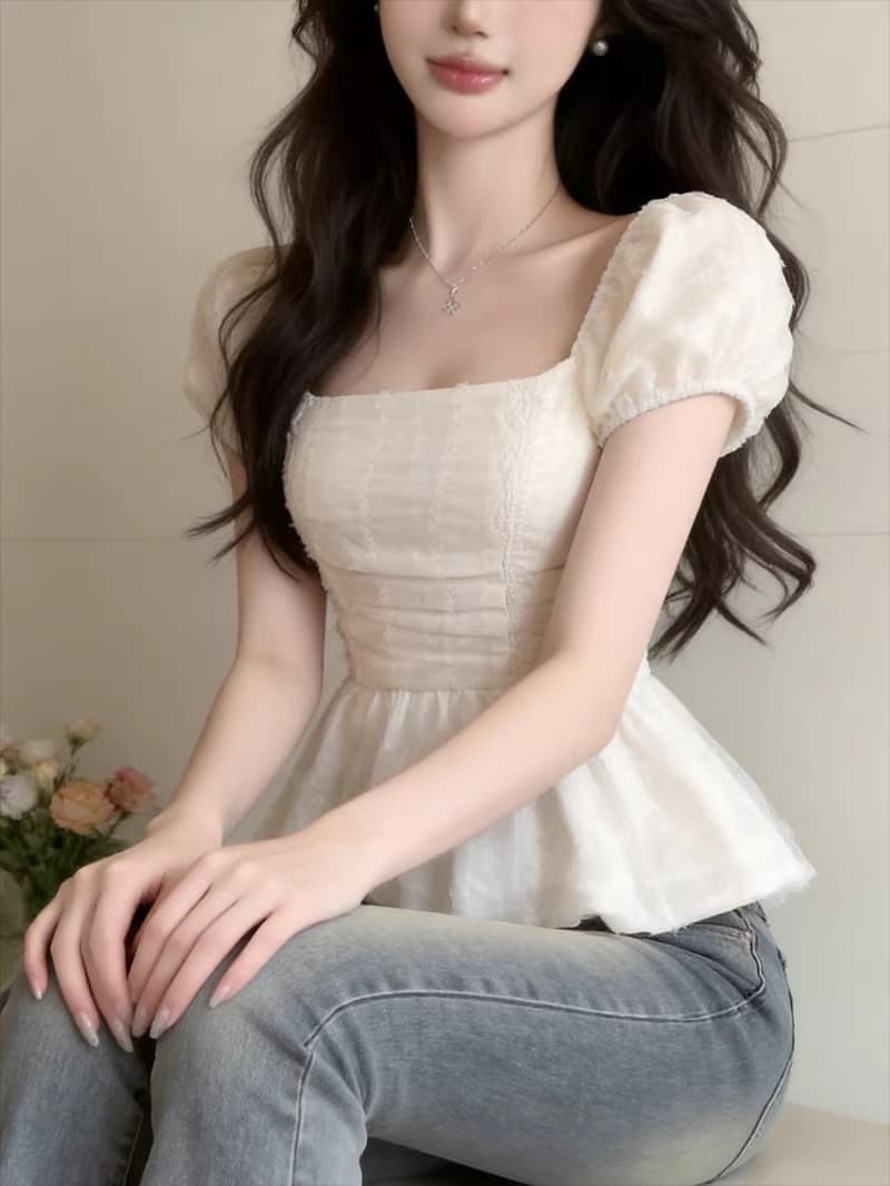 품격 부드러운 바람 광장 칼라 허리 수축 쇼트 스타일 맨위 여성 여름 순수한 욕망 섹시함 이슬 쇄골 거품 소매 레이스 작은 셔츠 상세 이미지 26