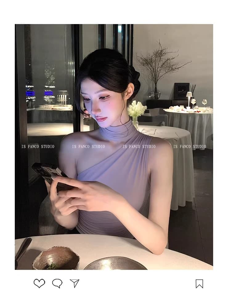 한국 동대문 보라색 순수한 욕망 행침 목 비스듬한 어깨 슬립 여성 아모이 망사 주름 민소매 몸매 가꾸기 튜브탑 맨위 상세 이미지 7