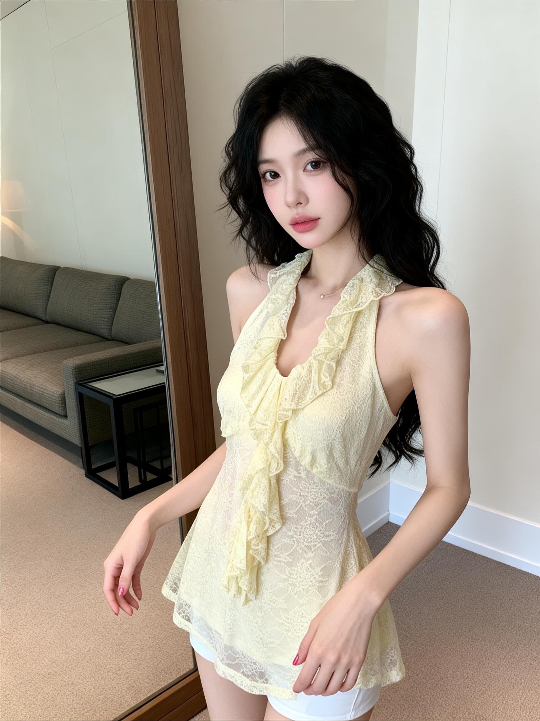 프랑스식 레트로 레이스 조각 프릴 행침 목 조끼 여성 여름 새로운 신선함 달콤함 몸매 가꾸기 오프숄더 맨위 상세 이미지 7