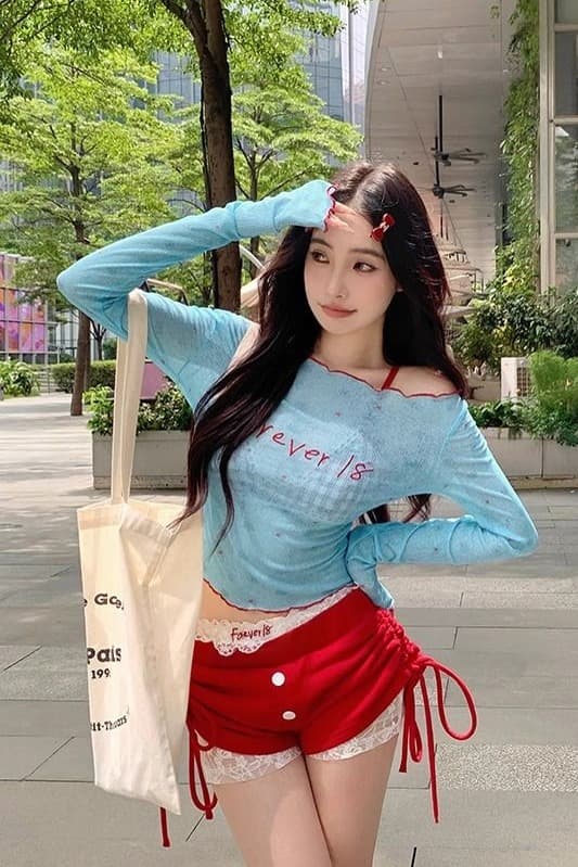 오프숄더 얇은 스타일 자수 긴팔 몸매 가꾸기 티셔츠 여성 여름 핫걸 작은 대중 파란색 쇼트 스타일 자외선 차단 블라우스 맨위 상세 이미지 6