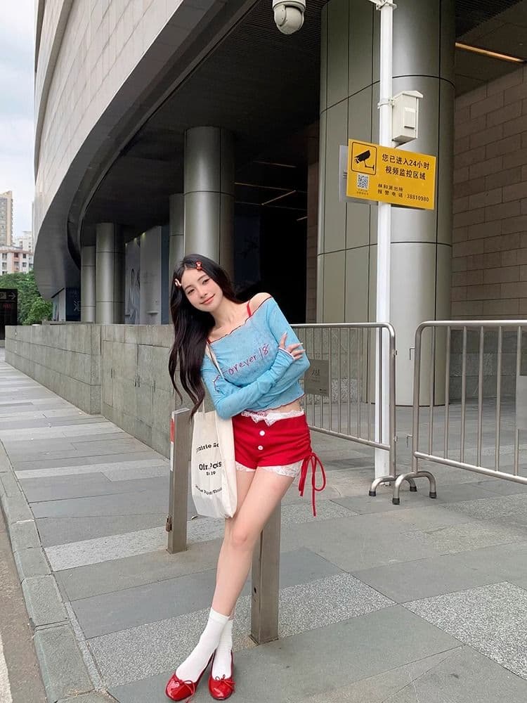 오프숄더 얇은 스타일 자수 긴팔 몸매 가꾸기 티셔츠 여성 여름 핫걸 작은 대중 파란색 쇼트 스타일 자외선 차단 블라우스 맨위 상세 이미지 18