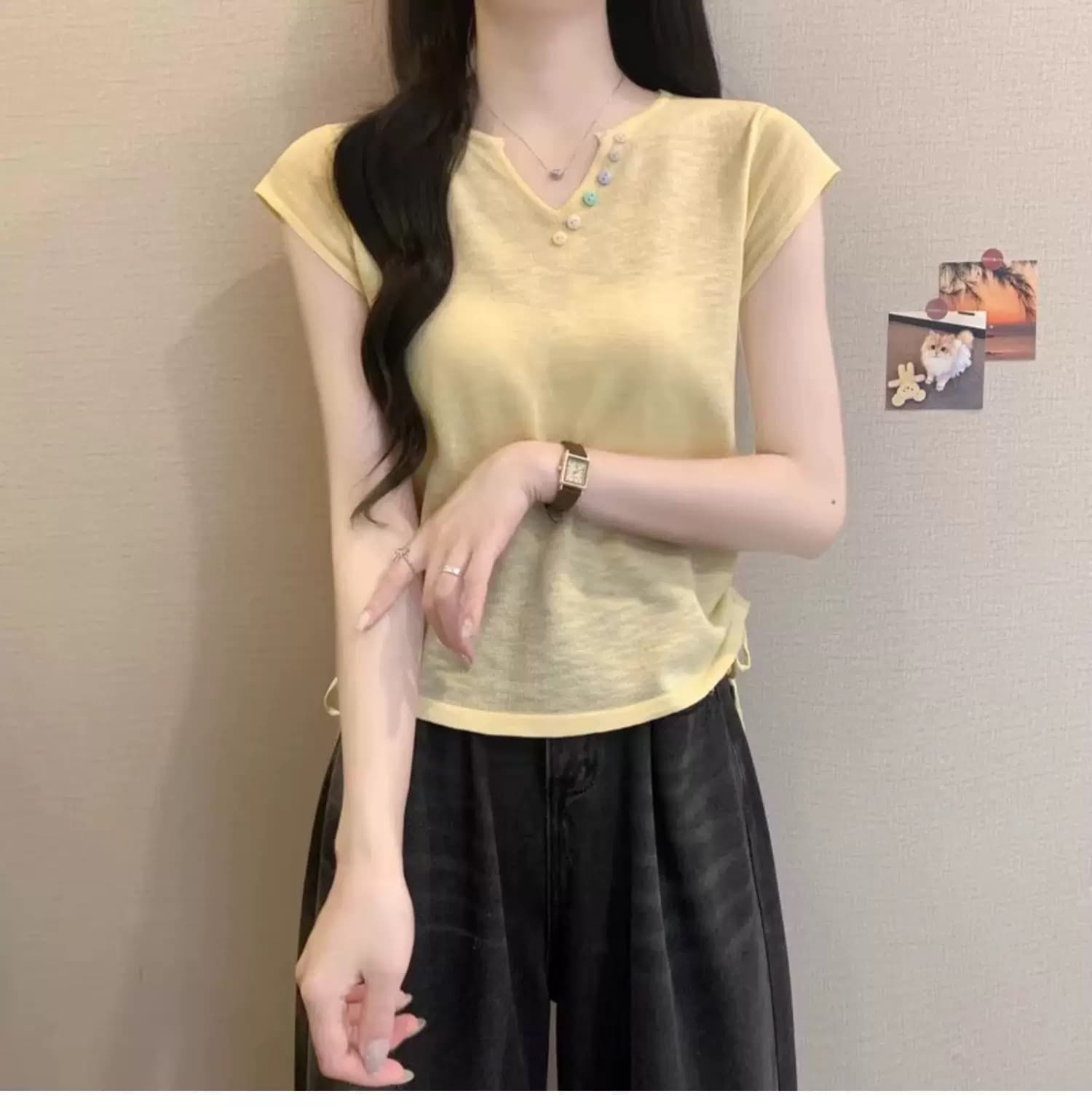 슈퍼 화재 살구 색상 V넥 반팔 티셔츠 여성 새로운 여름 얇은 스타일 얼음 실크 펌프 로프 주름 허리 수축 슬림해 보이는 쇼트 스타일 맨위 상세 이미지 17