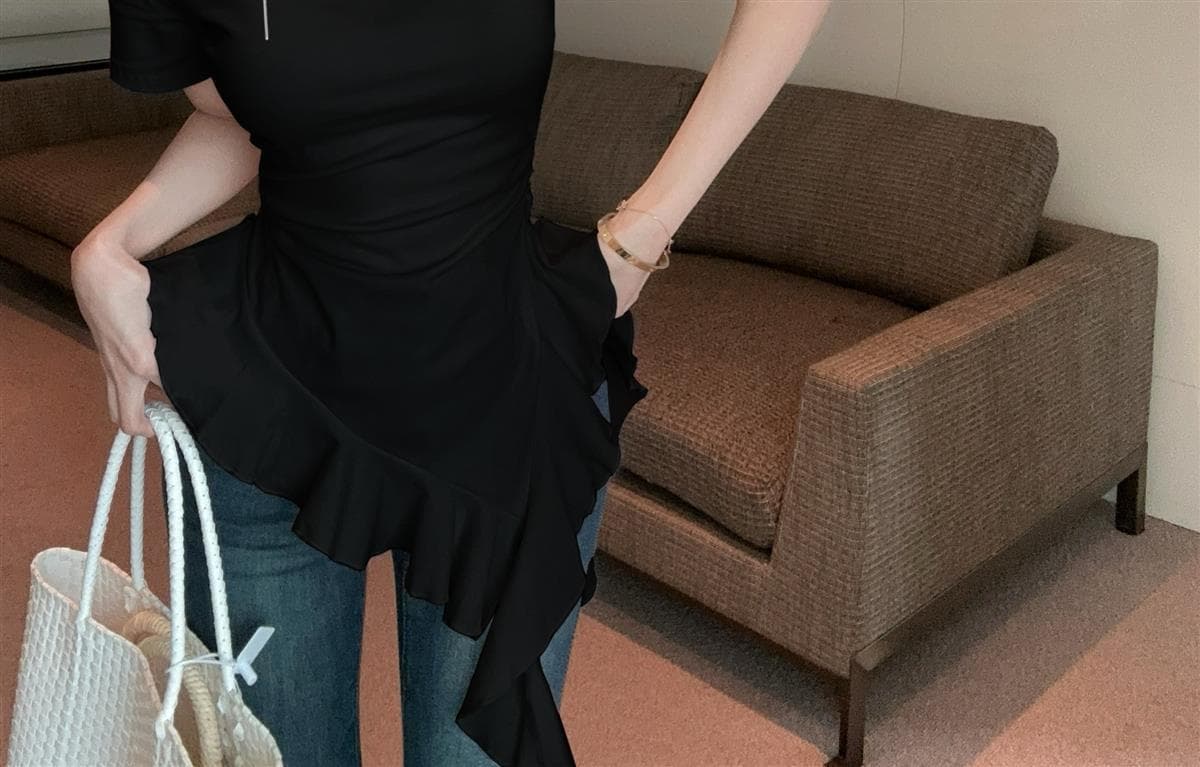 여름 프랑스식 출퇴근 디자인 센스 프릴 불규칙 밑단 라운드 넥 반팔 티셔츠 몸매 가꾸기 슬림해 보이는 맨위 상세 이미지 33