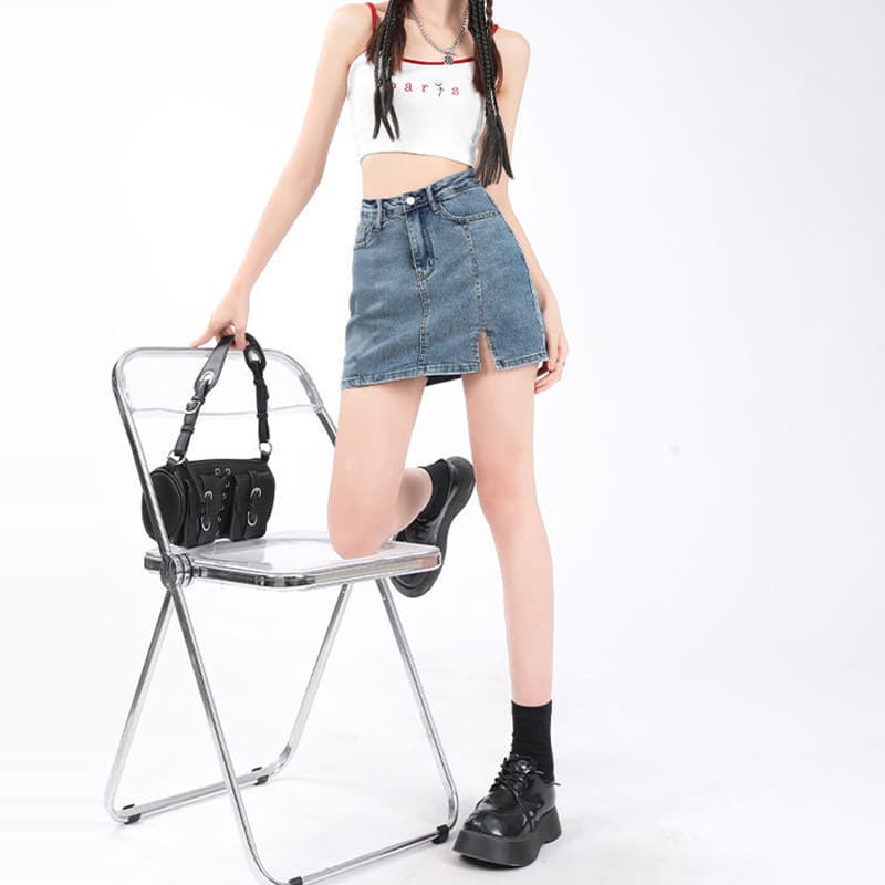 캐주얼 디자인 센스 하이웨이스트 데님 미니 스커트 여성 봄 여름 새로운 몸매 가꾸기 슬림해 보이는 개성 트임 타이트 스커트 데님 스커트 이미지 3