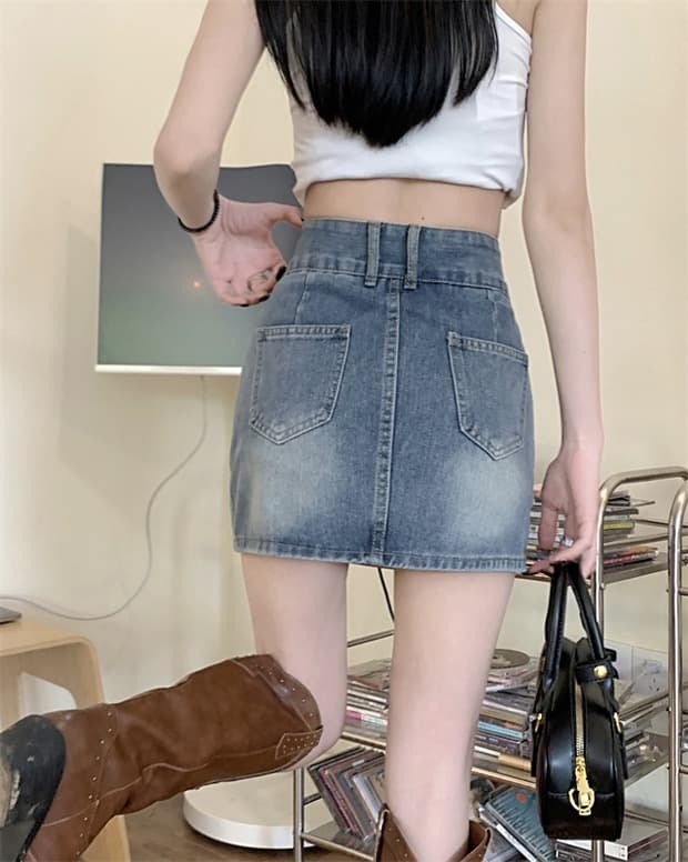 달콤한 매운맛 개성 트렌드 더블 버클 하이웨이스트 데님 반신 스커트 여성 봄 여름 새로운 핫걸 한 마디 타이트 스커트 데님 미니 스커트 상세 이미지 6