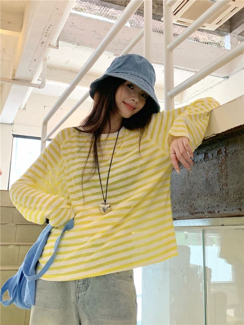 자외선 차단 캐주얼 배색 스트라이프 긴팔 티셔츠 여성 여름 새로운 느긋한 바람 루즈핏 슬림해 보이는 한국 스타일 맨위 상세 이미지 13