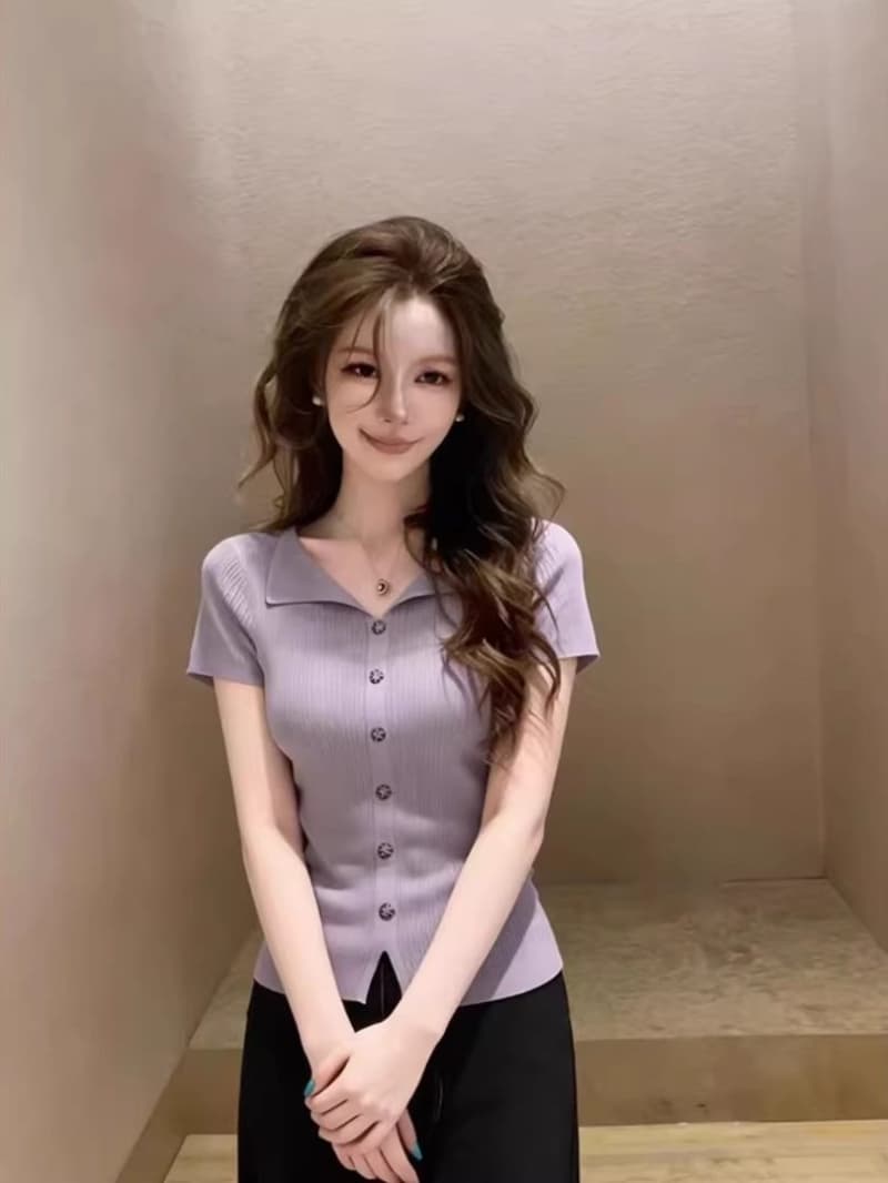 80-200 근 인사이드 웨어러블 슈퍼 화재 빅 사이즈 여성 의류 작은 대중 아니요 명중 섹션 고급 센스 보라색 폴로 칼라 반팔 맨위 이미지 2