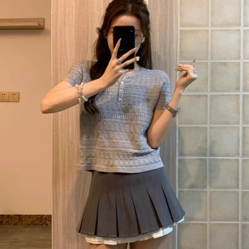 여름 프랑스식 홀로우 아웃 회색 라운드 넥 반팔 니트 스웨터 여성 풀오버 얇은 스타일 고급 센스 다용도 쇼트 스타일 맨위 트렌디 상세 이미지 2