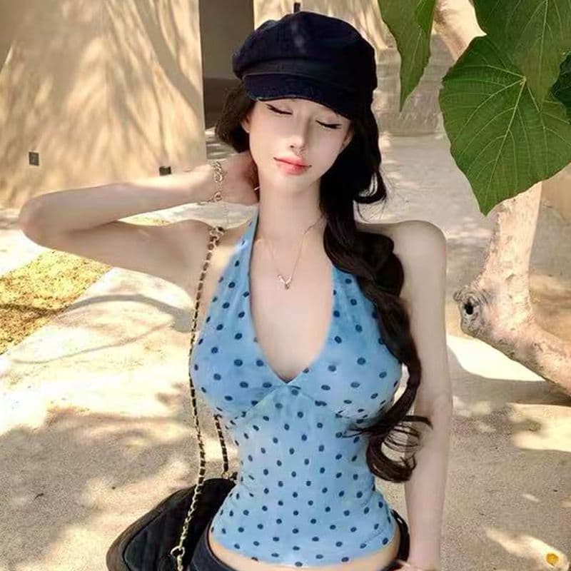 순수한 욕망 바람 도트 무늬 행침 목 캐미솔 2026 여름 새로운 핫걸 몸매 가꾸기 슬림해 보이는 V넥 민소매 맨위