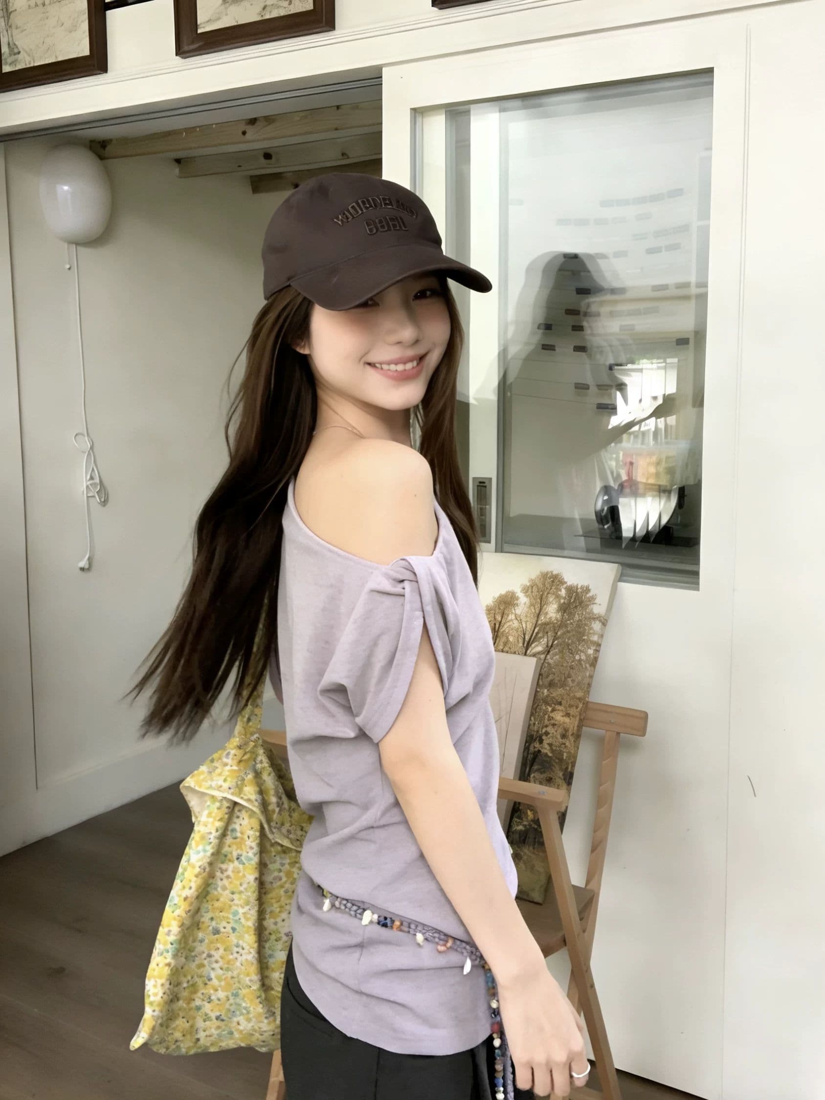 보라색 고급 센스 비스듬한 어깨 반팔 티셔츠 여성 여름 새로운 도파민 핫걸 허리 수축 슬림해 보이는 경기 허리 로프 맨위 상세 이미지 11