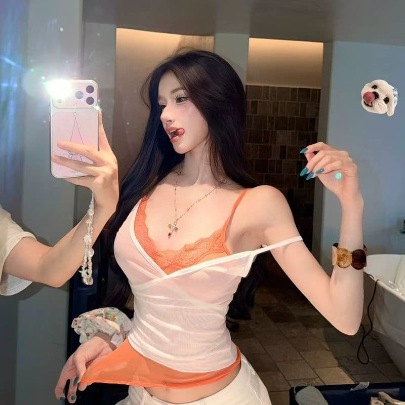 핫걸 바람 페이크 레이어드 레이스 캐미솔 여름 달콤함 핫걸 바람 V넥 몸매 가꾸기 분위기 센스 맨위 트렌디 상세 이미지 5