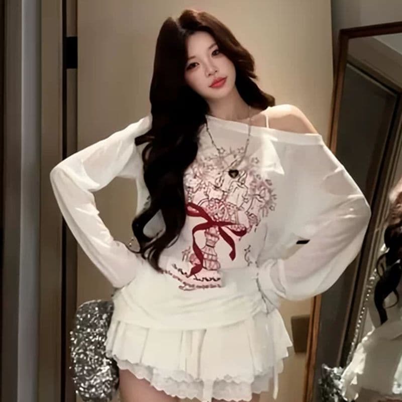 슈퍼 화재 눈꽃 면 화이트 낙서 비스듬한 어깨 긴팔 티셔츠 자외선 차단 블라우스 여성 새로운 여름 느긋한 루즈핏 맨위 상세 이미지 6