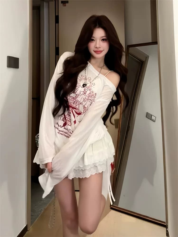 슈퍼 화재 눈꽃 면 화이트 낙서 비스듬한 어깨 긴팔 티셔츠 자외선 차단 블라우스 여성 새로운 여름 느긋한 루즈핏 맨위 상세 이미지 11