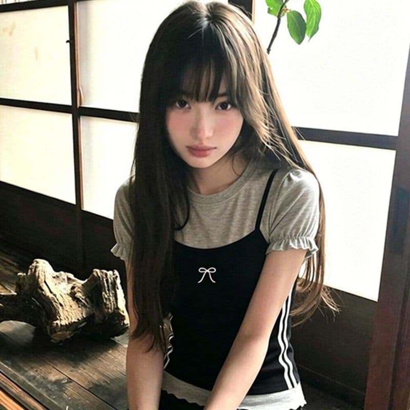 사람들 면 260 그램 한 부서 페이크 레이어드 슬립 티셔츠 여름 새로운 나비 매듭 슬림해 보이는 다용도 스택 착용 맨위 이미지 3