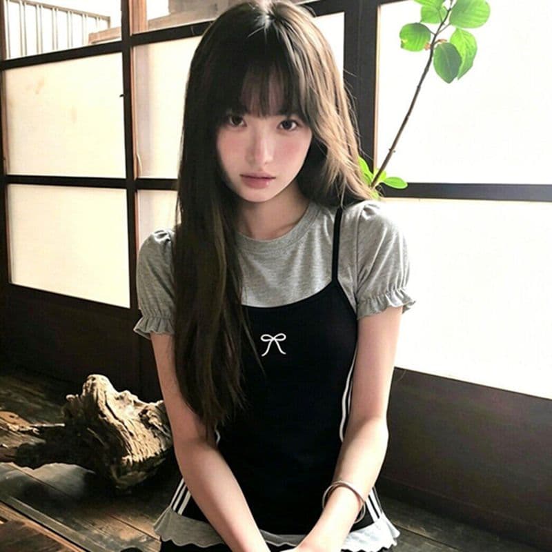 사람들 면 260 그램 한 부서 페이크 레이어드 슬립 티셔츠 여름 새로운 나비 매듭 슬림해 보이는 다용도 스택 착용 맨위 상세 이미지 3