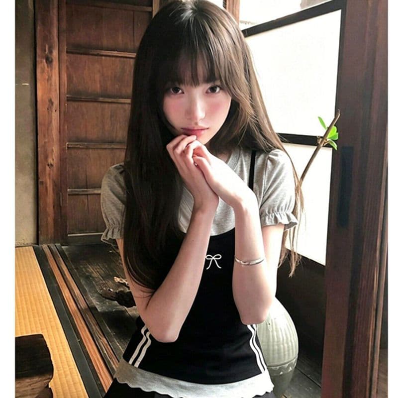 사람들 면 260 그램 한 부서 페이크 레이어드 슬립 티셔츠 여름 새로운 나비 매듭 슬림해 보이는 다용도 스택 착용 맨위 상세 이미지 5