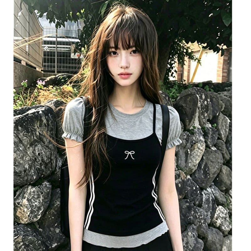 사람들 면 260 그램 한 부서 페이크 레이어드 슬립 티셔츠 여름 새로운 나비 매듭 슬림해 보이는 다용도 스택 착용 맨위 상세 이미지 6