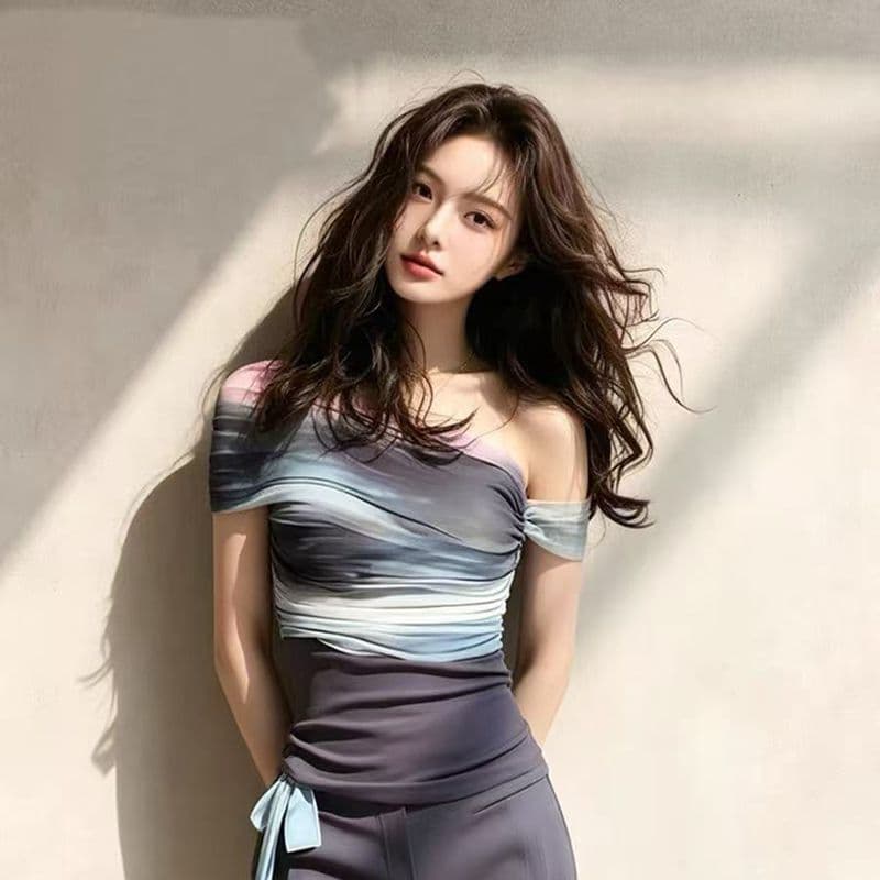 아메리칸 핫걸 바람 예술 헤일로 염색 배색 오프숄더 반팔 티셔츠 여성 여름 디자인 센스 작은 대중 몸매 가꾸기 맨위 상세 이미지 8