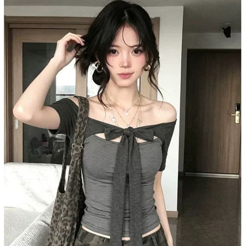40 순면 면 컬러 짜임 기사 나비 넥타이 스트라이프 반팔 맨위 여성 배색 오프숄더 중간 소매 맨위 상세 이미지 5