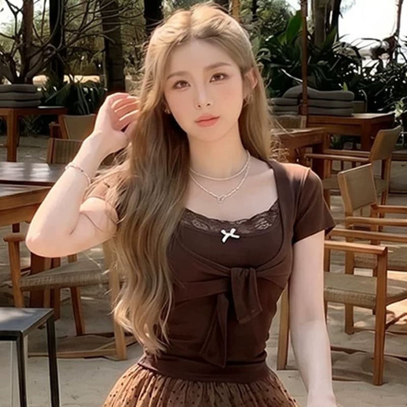 사람들 면 260# 레트로 소녀 바람 레이스 측면 반팔 나비 매듭 여성 여름 품격 순수한 욕망 슬림해 보이는 투피스 세트 상세 이미지 2