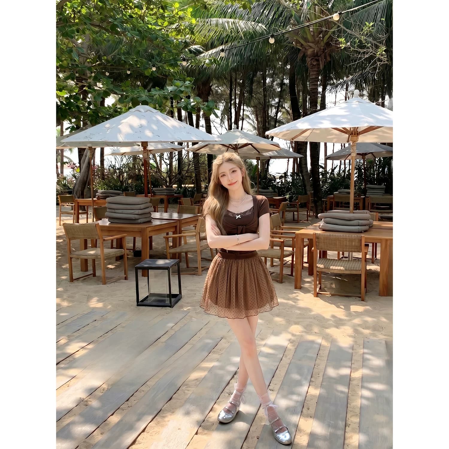 사람들 면 260# 레트로 소녀 바람 레이스 측면 반팔 나비 매듭 여성 여름 품격 순수한 욕망 슬림해 보이는 투피스 세트 상세 이미지 6