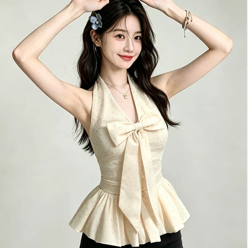 도트 무늬 나비 매듭 민소매 행침 목 조끼 여성 여름 2026 새로운 아름다운 허리 수축 슬림해 보이는 퍼프 꽃밭 맨위 이미지 3
