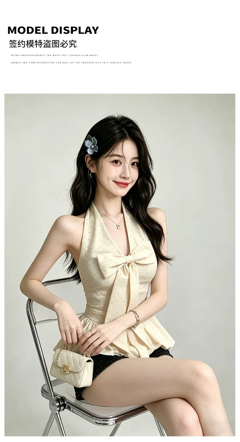 도트 무늬 나비 매듭 민소매 행침 목 조끼 여성 여름 2026 새로운 아름다운 허리 수축 슬림해 보이는 퍼프 꽃밭 맨위 상세 이미지 10