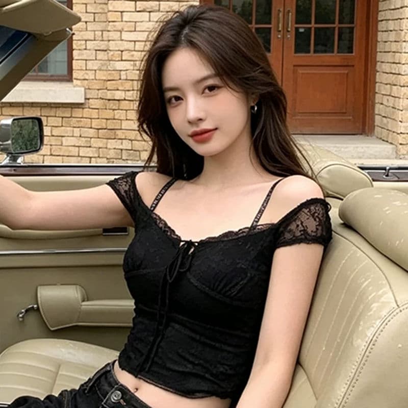 검정색 레이스 광장 칼라 캐미솔 여름 아메리칸 핫걸 바람 허리 수축 작은 셔츠 몸매 가꾸기 슬림해 보이는 민소매 맨위 상세 이미지 4