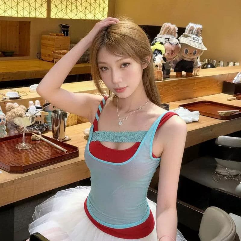 달콤한 매운맛 배색 레이스 조각 캐미솔 여름 몸매 가꾸기 슬림해 보이는 인사이드 가져 가라. 외출용 페이크 레이어드 민소매 맨위 이미지 4