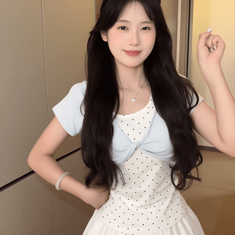 한 부서 비틀림 반팔 블라우스 여성 여름 착용 가져 가라. 레이스 측면 도트 무늬 행침 목 조끼 몸매 가꾸기 가짜 2 피스 슈트 맨위 상세 이미지 2