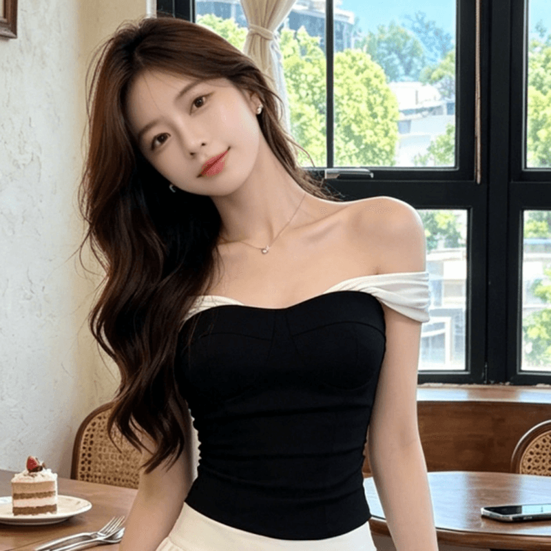 순수한 욕망 바람 핫걸 패치워크 튜브탑 티셔츠 여성 여름 새로운 오프숄더 몸매 가꾸기 슬림해 보이는 품격 쇼트 스타일 맨위 이미지 2