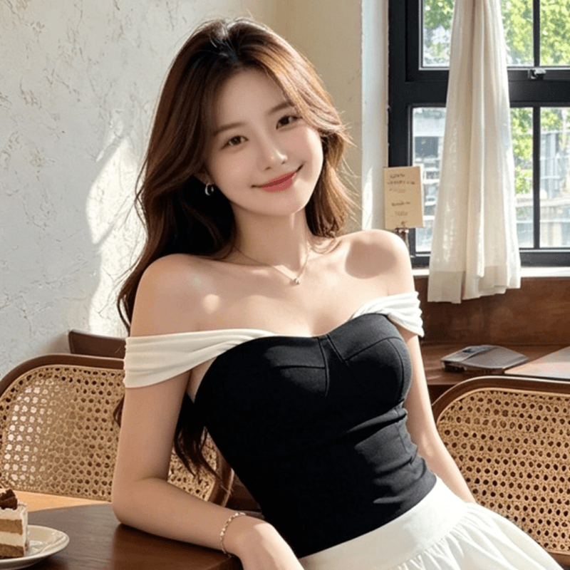 순수한 욕망 바람 핫걸 패치워크 튜브탑 티셔츠 여성 여름 새로운 오프숄더 몸매 가꾸기 슬림해 보이는 품격 쇼트 스타일 맨위 이미지 3