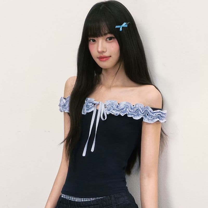 아메리칸 해군 페이크 레이어드 오프숄더 오프숄더 반팔 맨위 여성 여름 디자인 센스 레이스 몸매 가꾸기 핫걸 티셔츠 이미지 4